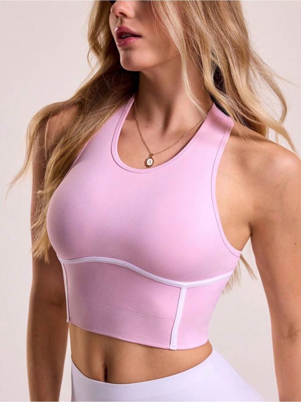 SHEIN Light Pink Longline Racerback Sports Bra with White Trim